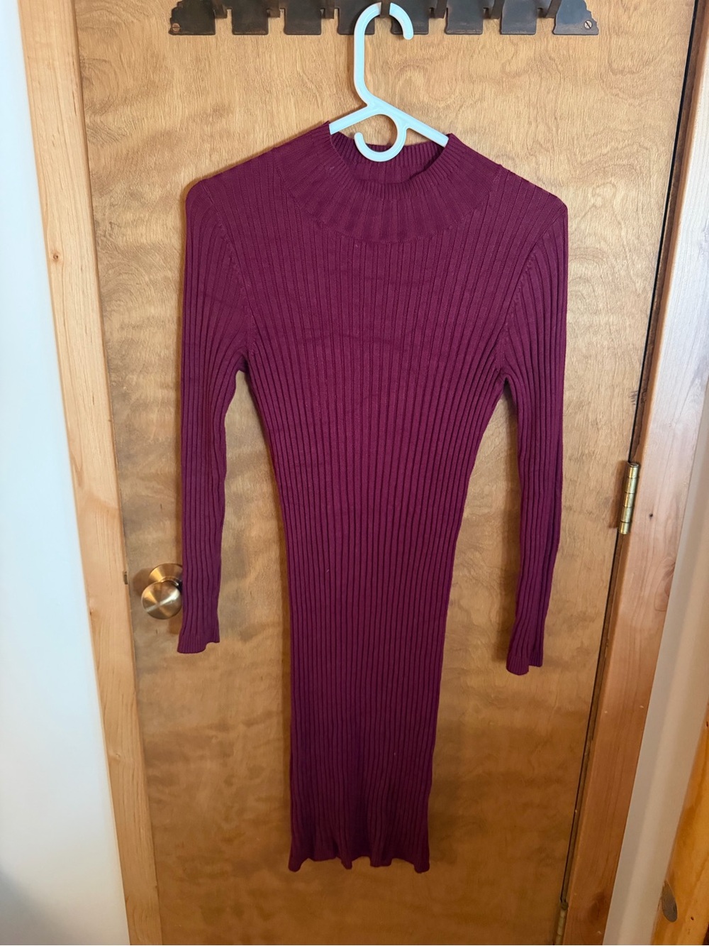 Ribbed Long Sleeve Bodycon Dress - Burgundy - Picture 2 of 5